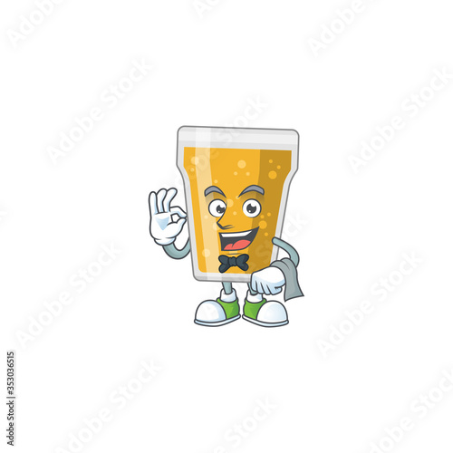 A cartoon image of mug of beer as a waiter character ready to serve