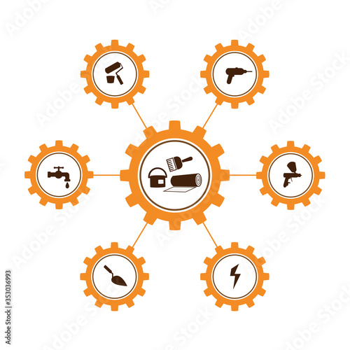 A set of vector illustrations of icons for repair, installation and maintenance of apartments and residential premises, finishing, painting, plumbing and other construction works