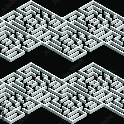 Vector illustration, seamless background, picture, isometry, repeating pattern, geometric, maze, gray, black