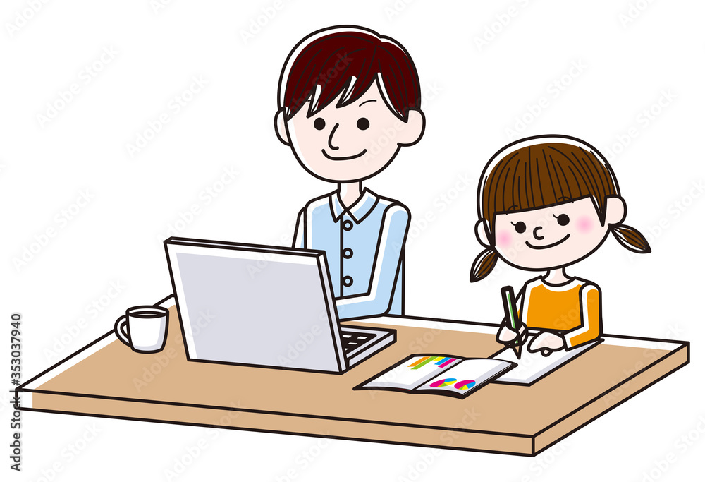 Illustration of man working from home and child doing homework Illustration of man working from home and child doing homework