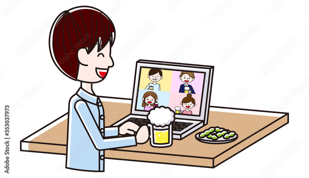 Illustration of people having an online drinking party Illustration of people having an online drinking party