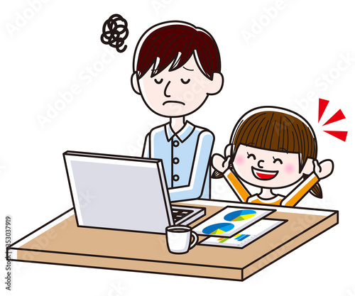 Illustration of man working from home while child making noise © mako