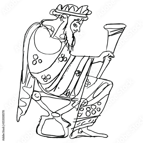 Isolated vector illustration. Sitting ancient Greek god Dionysus holding rhyton of wine. Vase painting style. Hand drawn linear doodle sketch. Black silhouette on white background.