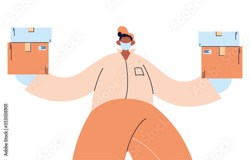 Courier with mask, gloves and packages to deliver