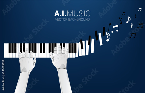 Pianist robot hand with piano key transform to music note. Background concept for artificial intelligence and music compose.