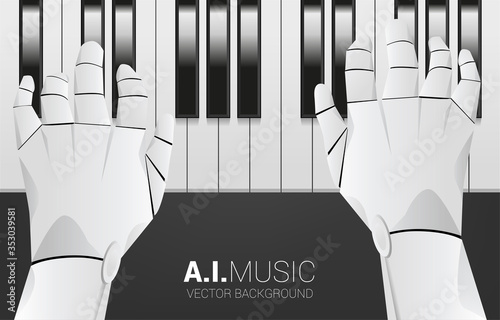 Pianist robot hand with piano key. Background concept for artificial intelligence and music compose.