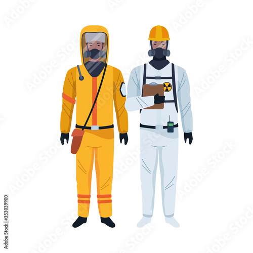 workers wearing biosafety suits characters