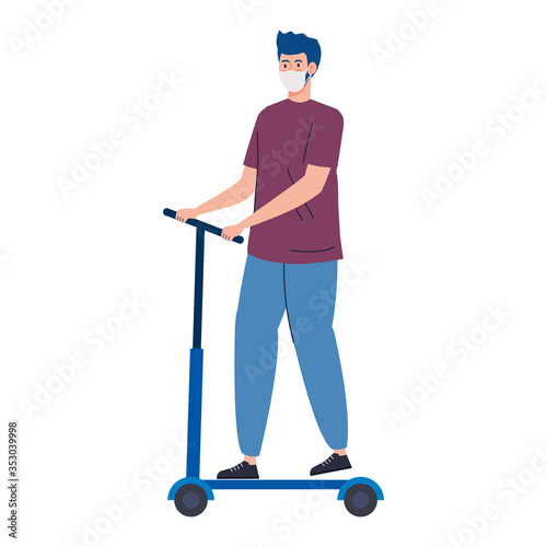 man in scooter using protective surgical mask for covid 19 prevention vector illustration design
