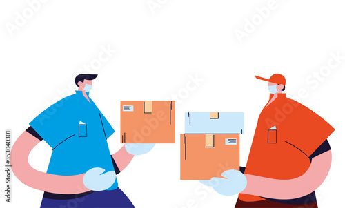 couriers with mask, gloves, and shipping packages