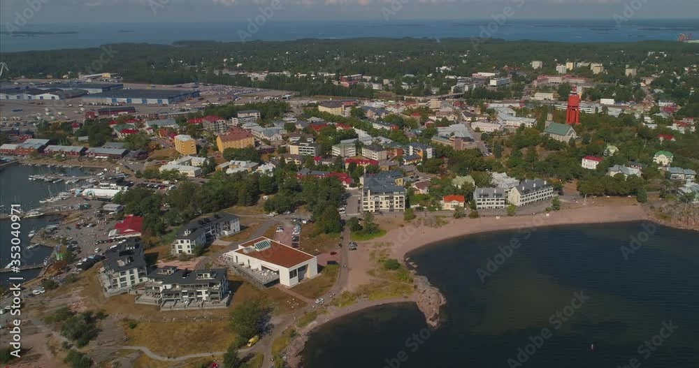 Overhead Drone View Towards Sandy Beach Waterfront Bay at Hanko, Finland. Overhead Drone View Towards Sandy Beach Waterfront Bay at Hanko, Finland.