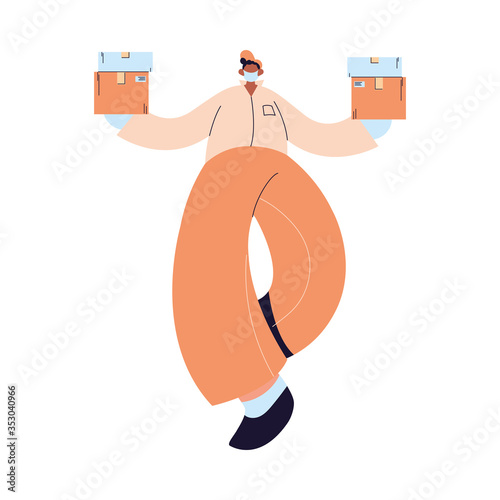 Courier with mask, gloves and packages to deliver