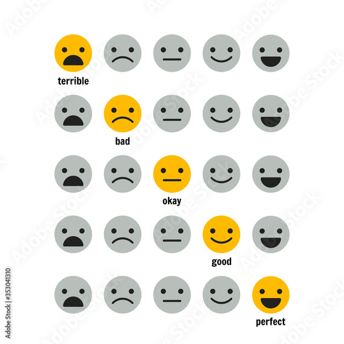 Icons, emoticons for rating or review. Feedback rate of satisfaction. Level.