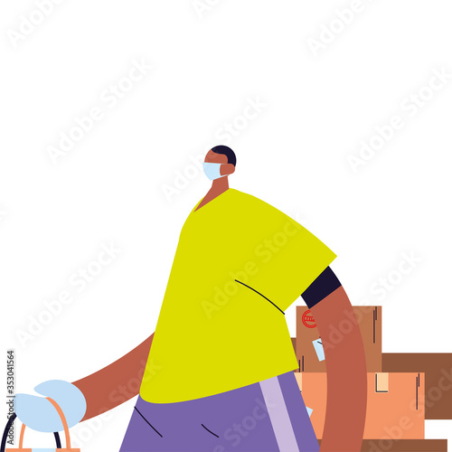 man with face mask, gloves and shipping packages