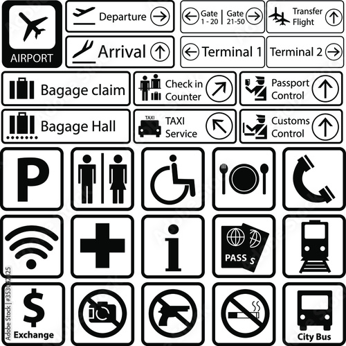 set of black and white airport traveling information sign icons vector illustrations