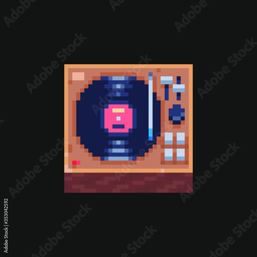 16-bit retro vinyl record player, pixel art icon, design for logo game, sticker, web, mobile app, logo. Isolated vector illustration.