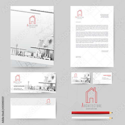 Corporate identity template design with blueprint background. Business realestate.