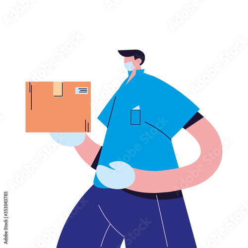 Courier with mask, gloves and packages to deliver