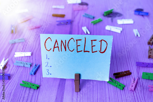 Writing note showing Canceled. Business concept for to decide not to conduct or perform something planned or expected photo