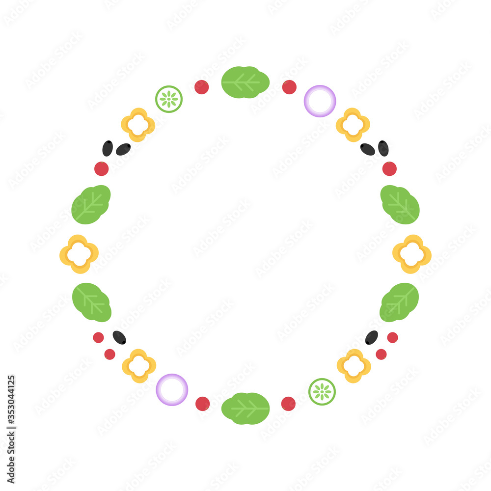 Vector round frame with vegetables for salad, green leaves, pepper, cherry tomato, olive, onion, cucumber.
Vector round frame with vegetables for salad, green leaves, pepper, cherry tomato, olive, onion, cucumber.