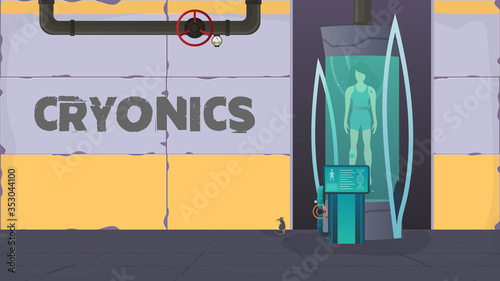 Futuristic cryogenic banner with capsules or containers. Cryon technology for humans or the cryogenic chamber of an astronaut. Sci-fi astronaut sleep mode. Cartoon style Vector.
