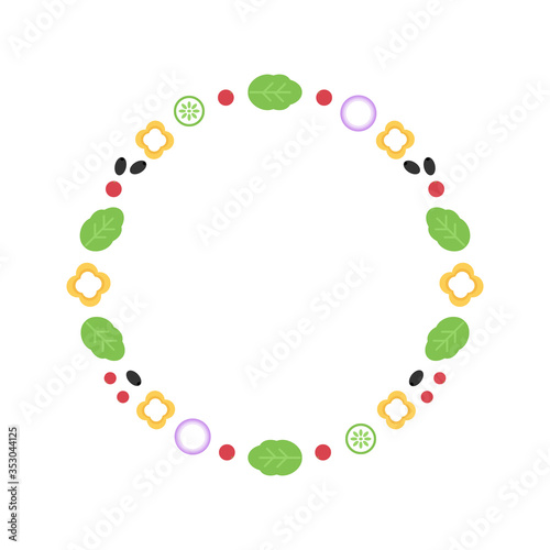 Vector round frame with vegetables for salad, green leaves, pepper, cherry tomato, olive, onion, cucumber. 