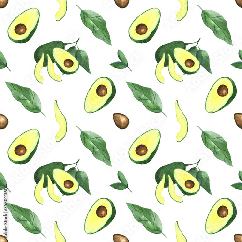 Watercolor pattern with fresh avocado on white background. Easy to do other background