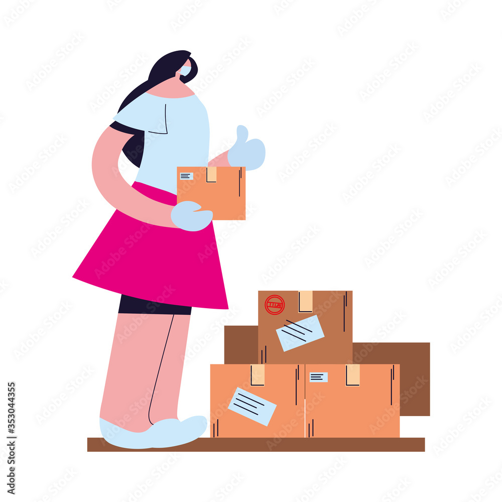 woman with face mask, gloves and shipping packages woman with face mask, gloves and shipping packages