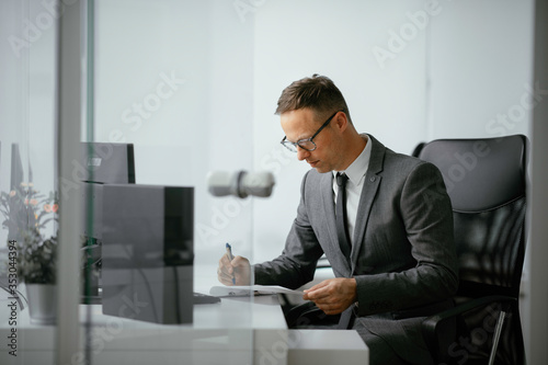 Handsome businessman working in office. Young man preparing for the meeting. 