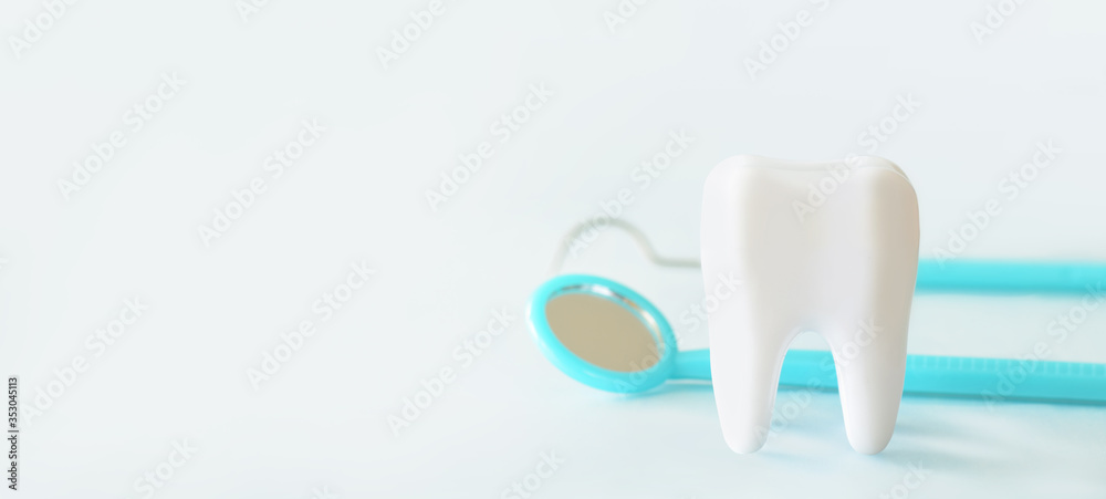 White human tooth with dentist tools set such as mirrow, claner. White human tooth with dentist tools set such as mirrow, claner.