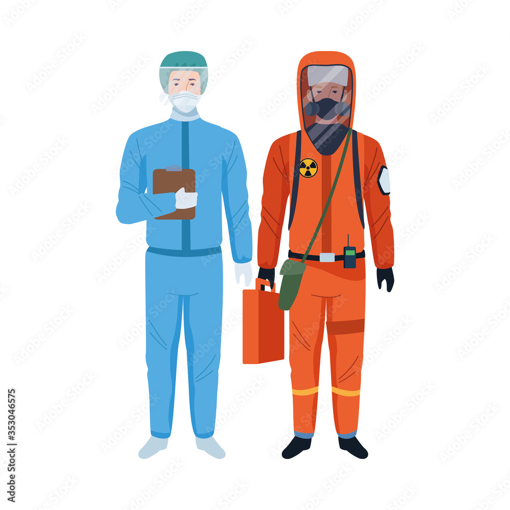 workers wearing biosafety suits characters workers wearing biosafety suits characters