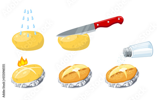 Stages of cooking baked potatoes, from washing tubers to salting ready dish, vector flat cartoon icon illustration set isolated on white.