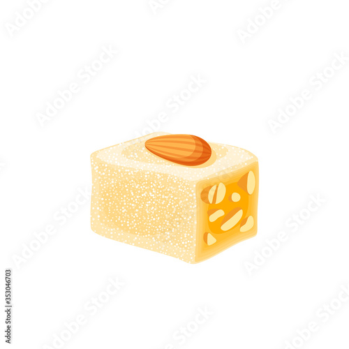 Turkish delight, lokum. Traditional oriental sweet candy with almond. Vector illustration cartoon icon isolated on white.