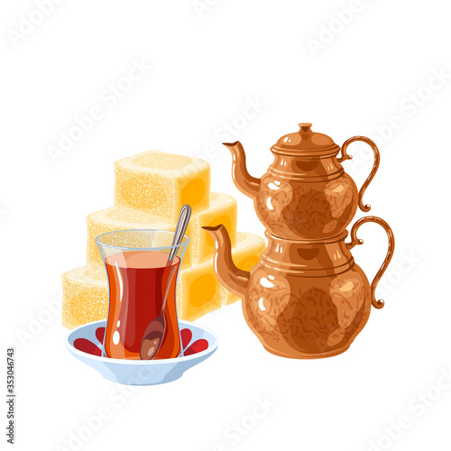 Turkish delight and tea. Traditional two-tier copper teapot kettle and glass of tea. Vector illustration cartoon flat icon isolated on white.