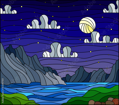 Illustration in stained glass style with a wild landscape, a lake on a background of mountains and a starry night sky with moon