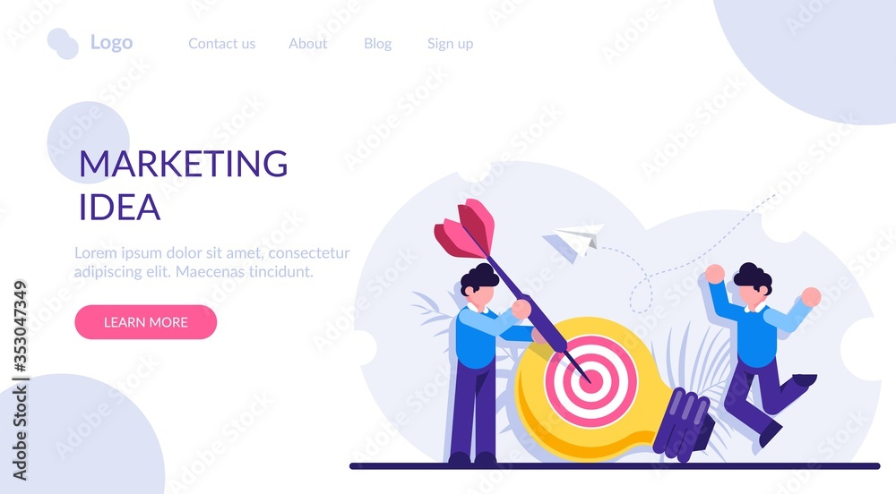 Concept of marketing idea generation, business innovation, creativity, goal achievement. People with a dart strikes a target. Modern flat vector illustration.