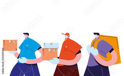 men couriers with mask, gloves, and shipping packages