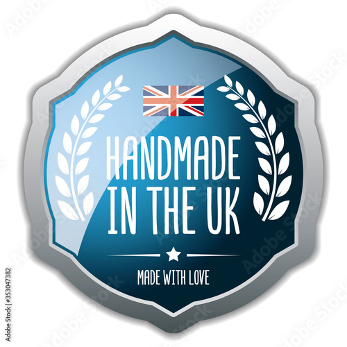 Handmade in The UK: Made with Love. Vector Silver Badge.