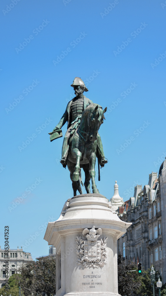 Fototapeta premium Horseman statue at Porto Cathedral or Se Catedral do Porto. Pedro I.