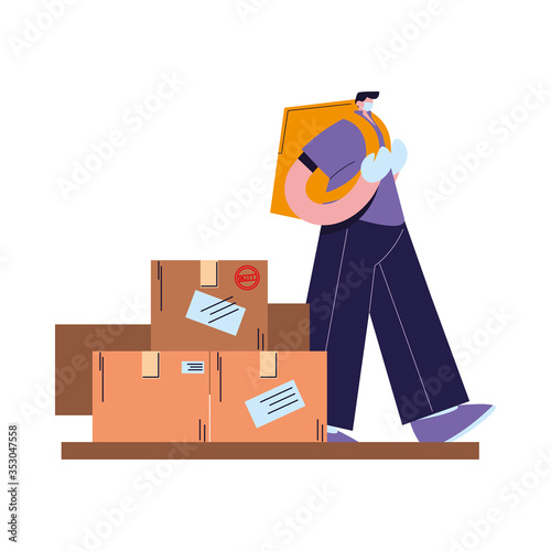 man with face mask, gloves and shipping packages
