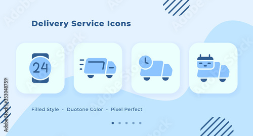 Delivery Service Icons set with filled style duo tone blue color modern flat design vector with various truck model illustration