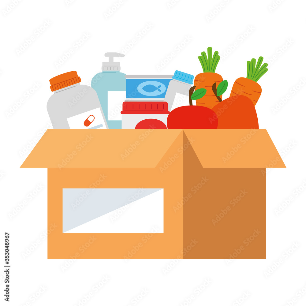 cardboard donation box food, social care, volunteering and charity concept vector illustration design cardboard donation box food, social care, volunteering and charity concept vector illustration design