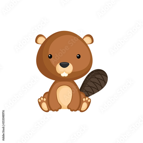 Cute funny sitting baby beaver isolated on white background. Woodland adorable animal character for design of album, scrapbook, card and invitation. Flat cartoon colorful vector illustration.