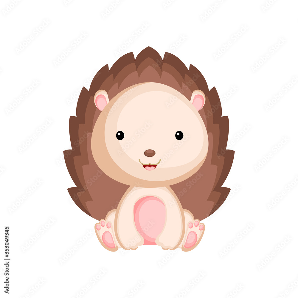 Obraz Cute funny sitting baby hedgehog isolated on white background. Woodland adorable animal character for design of album, scrapbook, card and invitation. Flat cartoon colorful vector illustration.