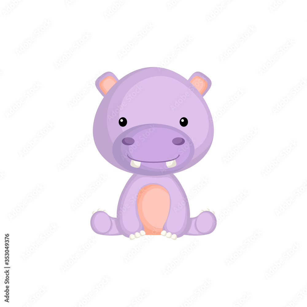 Cute funny sitting baby hippo isolated on white background. Wild african adorable animal character for design of album, scrapbook, card and invitation. Flat cartoon colorful vector illustration. Cute funny sitting baby hippo isolated on white background. Wild african adorable animal character for design of album, scrapbook, card and invitation. Flat cartoon colorful vector illustration.