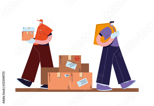 men couriers with mask, gloves, and shipping packages