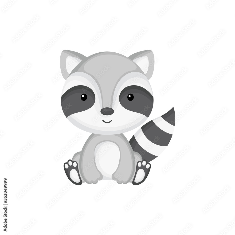 Cute funny sitting baby raccoon isolated on white background. Woodland adorable animal character for design of album, scrapbook, card and invitation. Flat cartoon colorful vector illustration.