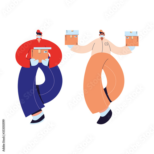 couriers with mask, gloves, and shipping packages