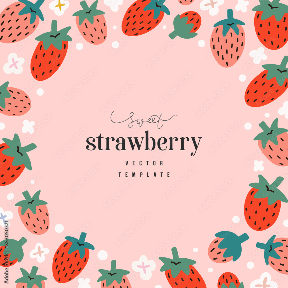 Foto Hand drawn strawberry frame template, circle border with copyspace for text, vec