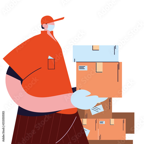 courier with mask, gloves, and shipping packages