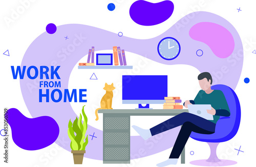 Work From Home concept with businessman using a computer and tablet in his living room seated at a desk in a comfy chair during the Covid-19 pandemic, colored vector illustration